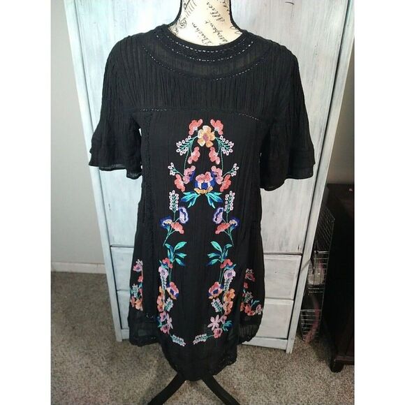 Free People  Embroidered Dress Black  Xs Boho Cottagecore Hippie Y2k - Picture 1 of 10